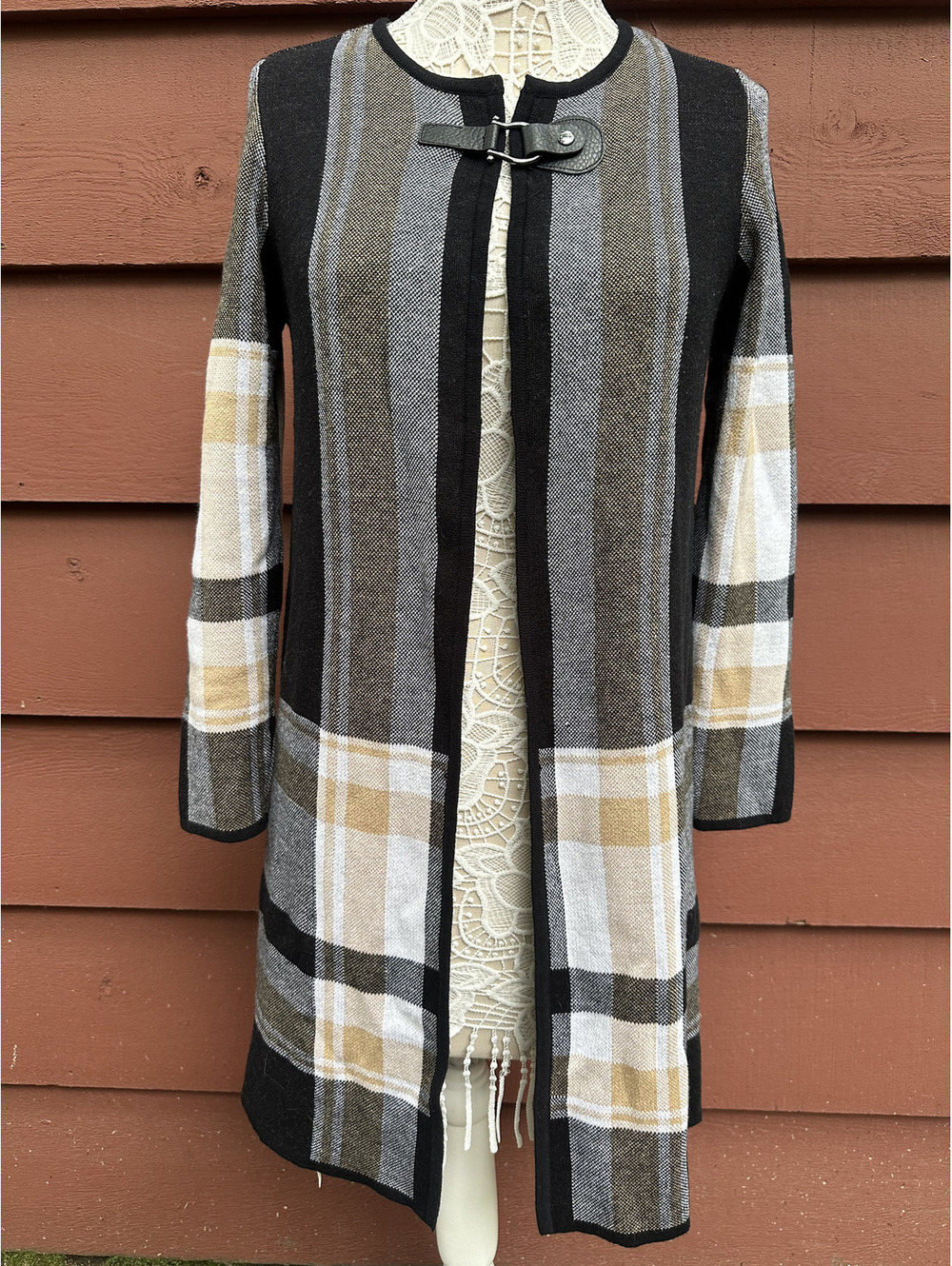 Jones Studio Long Striped Knit Cardigan Sweater Coat in Black Beige Gray